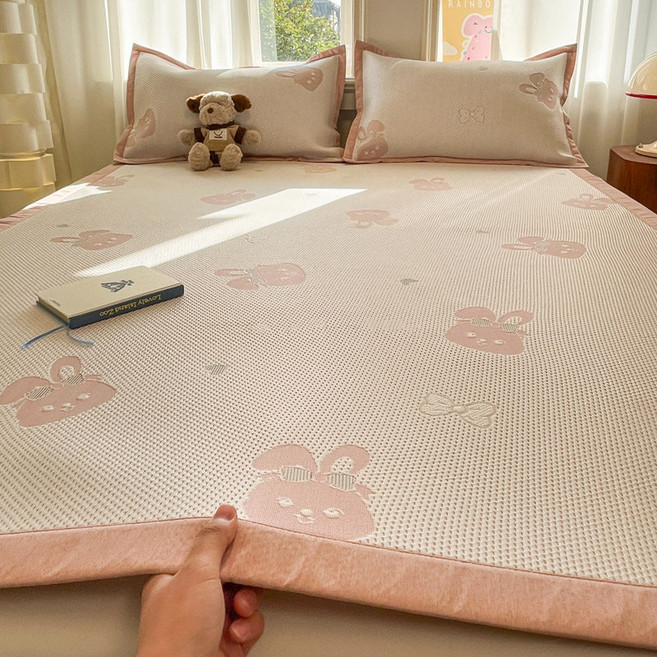여름용 냉감 매트 아이스 실크 매트 싱글 사이즈 접이식 침대 매트, 90cm*200cm+1개 세트, 핑크 토끼 [A급 품질, 시원하지만 차갑지 않음]