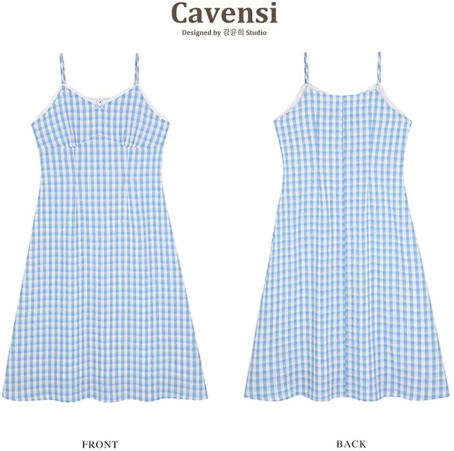 Cavensi 氧氣藍色格紋吊帶長洋裝, 清新藍格,M（建議40-50公斤 ）