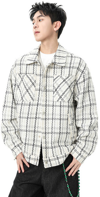 男士格子襯衫外套，2025秋季新款，寬鬆休閒，高級感