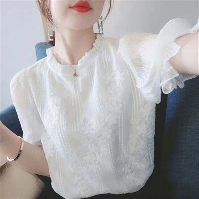 VEZRI 여성 반팔 레이스 블라우스 오피스룩 직장인 시스루 정장 셔츠 반폴라 퍼프 AB12