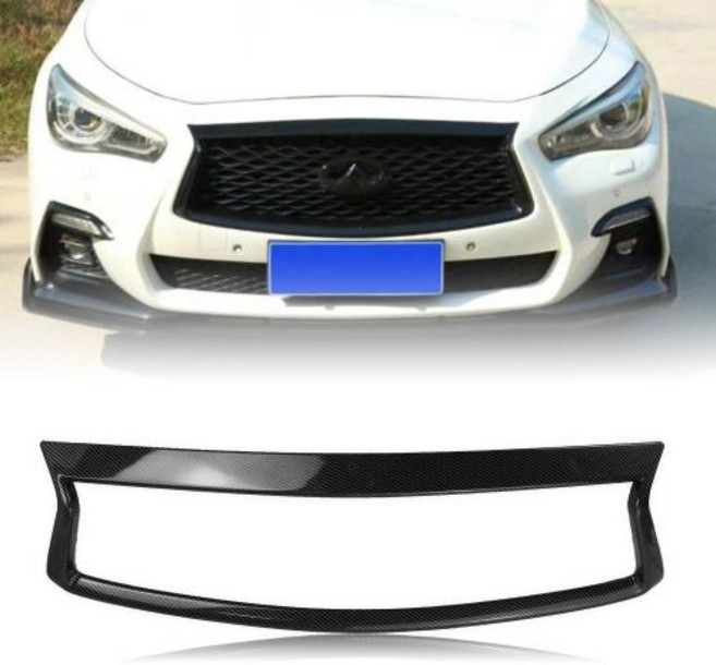 탄소 섬유 외관 전면 그릴 트림 오버레이 커버 스트립 범퍼 후드 그릴 베젤 림 프레임 추가 인피니티 Q50 Q50S 2018-2023, 2)Glossy Black, 1개