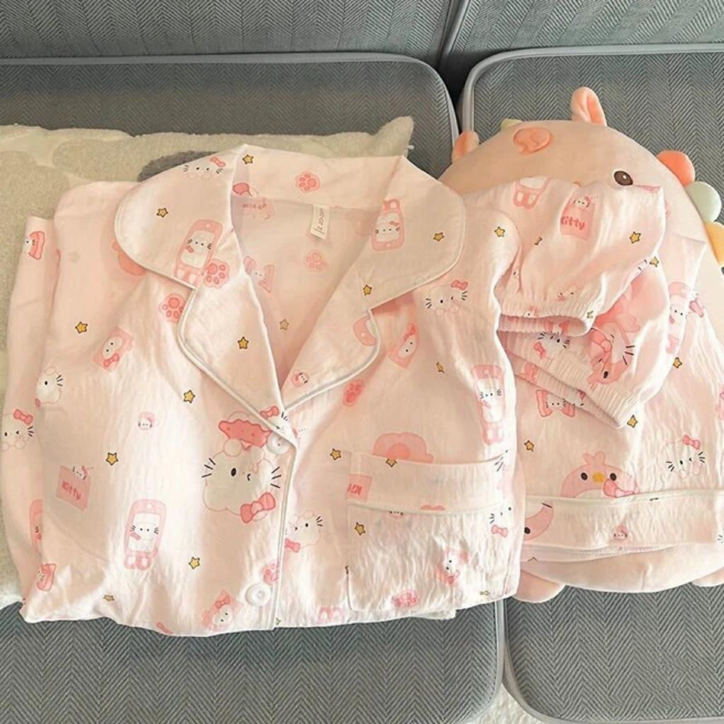 春秋睡衣女 雲朵棉開衫翻領長袖長褲卡通家居服套裝