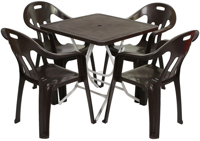 지오리빙 플라스틱 테이블 의자 세트, 사각+팔걸이(브라운)