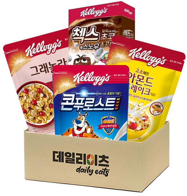 [데일리이츠] 켈로그 시리얼 4종류 묶음 세트 옵션 1~3 (콘푸로스트 아몬드후레이크 크랜베리아몬드 그래놀라 첵스초코 첵스초코 스노우 후루트링 중), 1세트, 1호