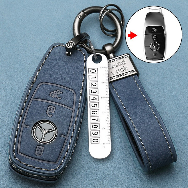 適用於 Benz 賓士 鑰匙套 CLA GLA GLC C300 A180 AMG 高質感皮革汽車鑰匙皮套, 藍色, C款