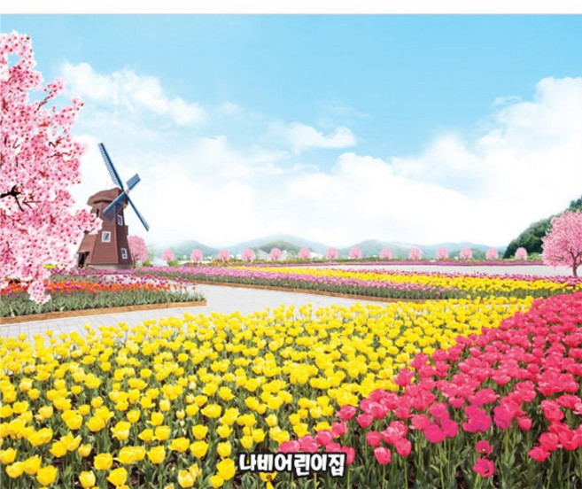 [파티붕붕] D4243 봄배경 현수막 / 봄 현수막 어린이집 유치원 벚꽃 튤립 봄꽃 배경 포토존, 가로형 대 (180cm x 145cm), -