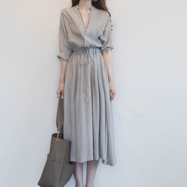 Makone 여성 브이넥 롱 원피스 캐주얼 빅사이즈 A라인 엘리강스 오피룩 하객룩