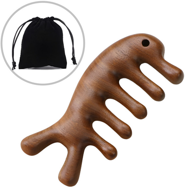 sunzee 두피건강 두통 탈모완화 괄사브러쉬 파우치, 원목 두피괄사, 1세트