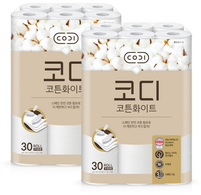 코디 코튼화이트 30m 30롤 2팩 천연펄프 도톰한 3겹 화장지, 2개