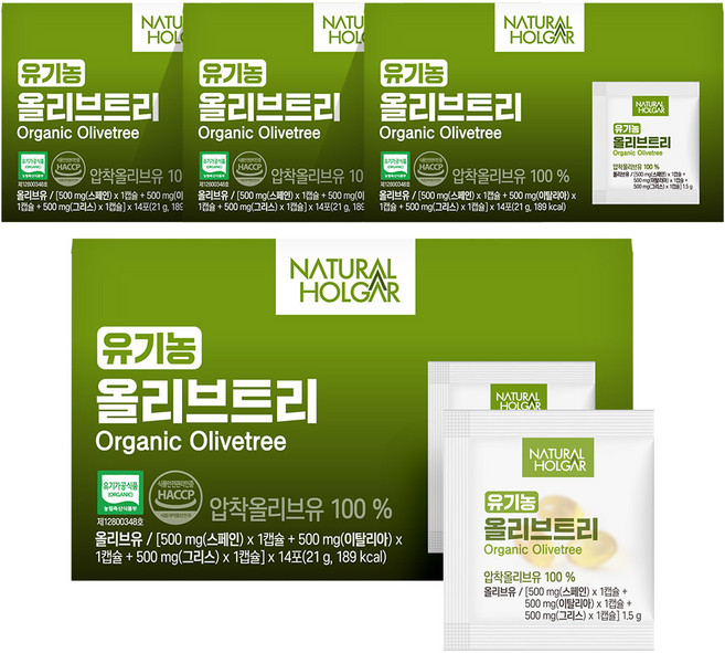 네츄럴올가 100% 유기농 올리브트리 지중해 올리브오일 캡슐, 4박스, 14회분
