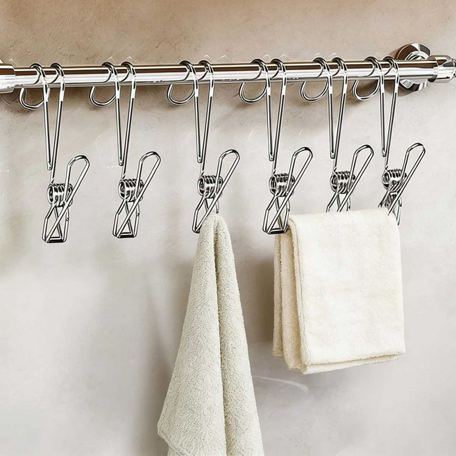 [툭걸기OK] 스테인리스 집게형 걸이 후크 다용도 클립걸이 수건 행주 욕실 주방 건조 선반 집게 수납 고리 정리, 메탈실버, 10개