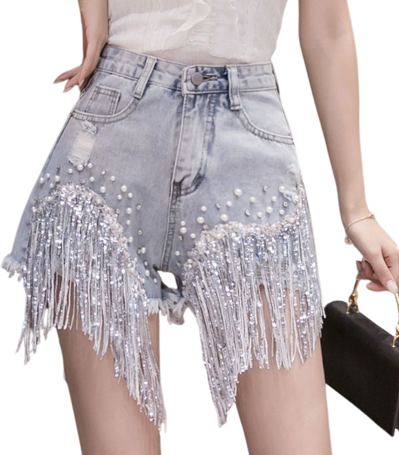 댄스복 바지 여성용 데님 하이웨스트 반바지 찢어진 스팽글 핫피스 와이드 팬츠 뉴타임즈 F2401035