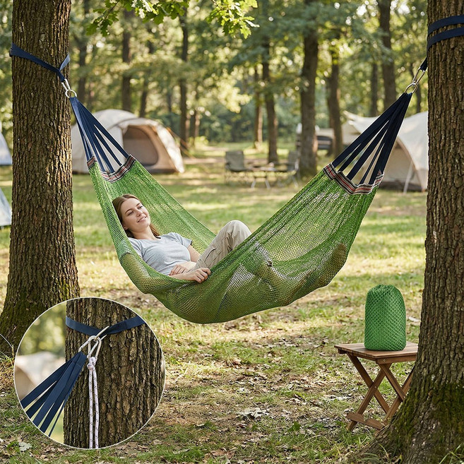 하프차이나 휴대용 캠핑 감성 아이스 메쉬 올인원 대형 해먹 풀세트, 그린