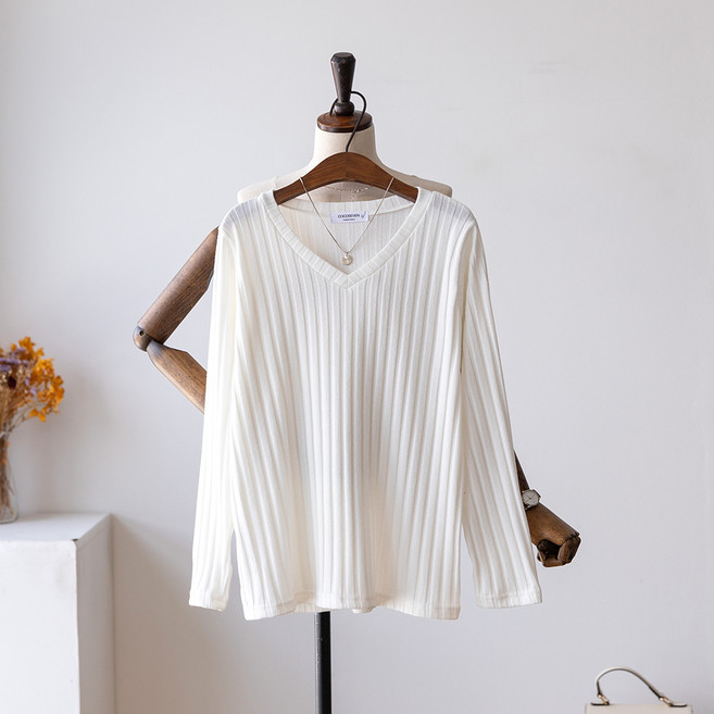 코코세븐 여성 빅사이즈 알로하 니트 골지 브이넥 긴팔 티셔츠