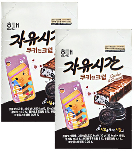 해태 자유시간 쿠키앤크림 360g(30g x12개입) 2각 박스안심포장 초코바, 360g, 2개