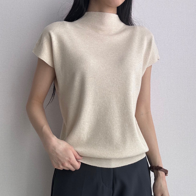 파츠 소프트 터치 반하이넥 니트 데일리 오피스룩 반팔 티