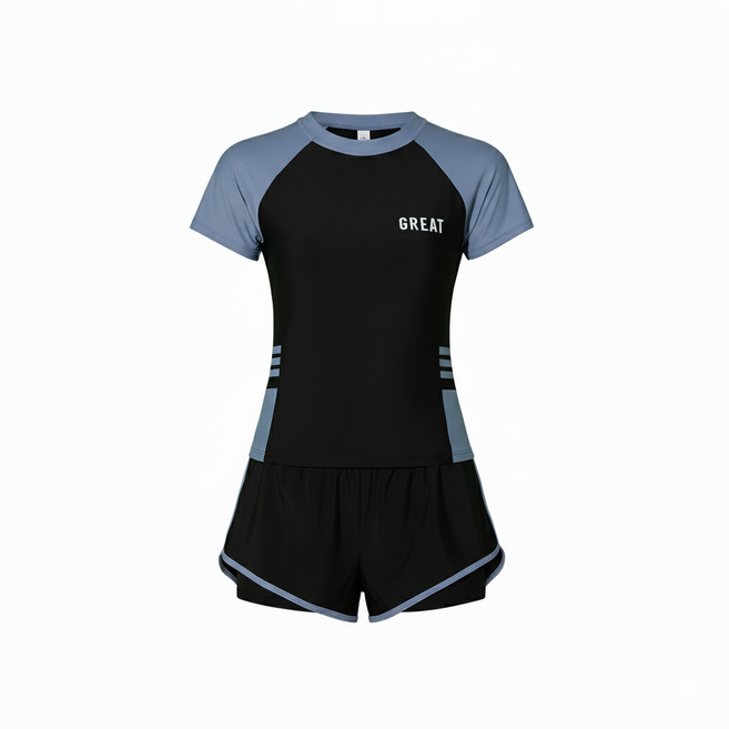 【大尺寸 修身顯瘦】連身泳衣 女生泳衣 遮肚 學生泳衣 休閑運動風 溫泉泳衣, 藍黑色