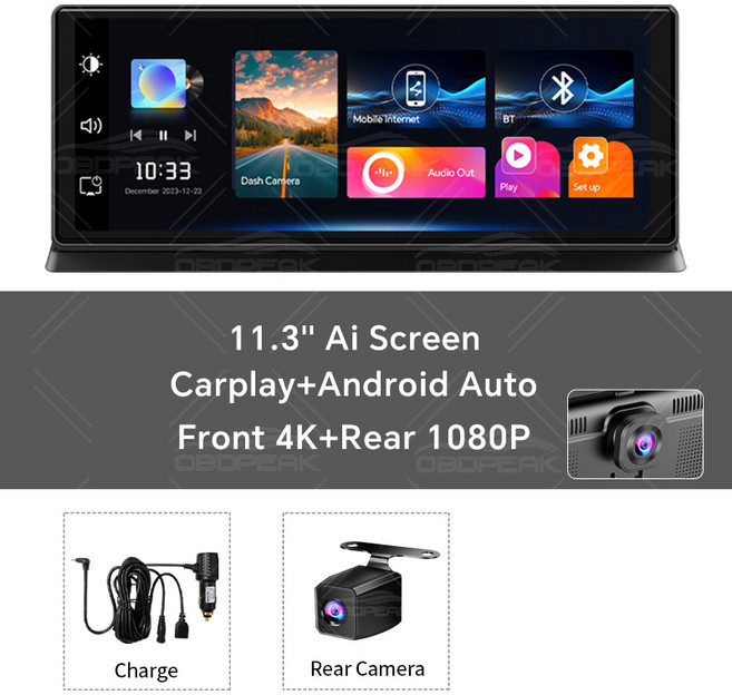 K2 프로 차량용 DVR 4K 카메라 무선 카플레이 안드로이드 자동 Ai 스크린 대시 캠 듀얼 렌즈 비디오 녹음기 GPS 네비게이션 대시 보드 11.3 인치, Dual Lens, No TF Card