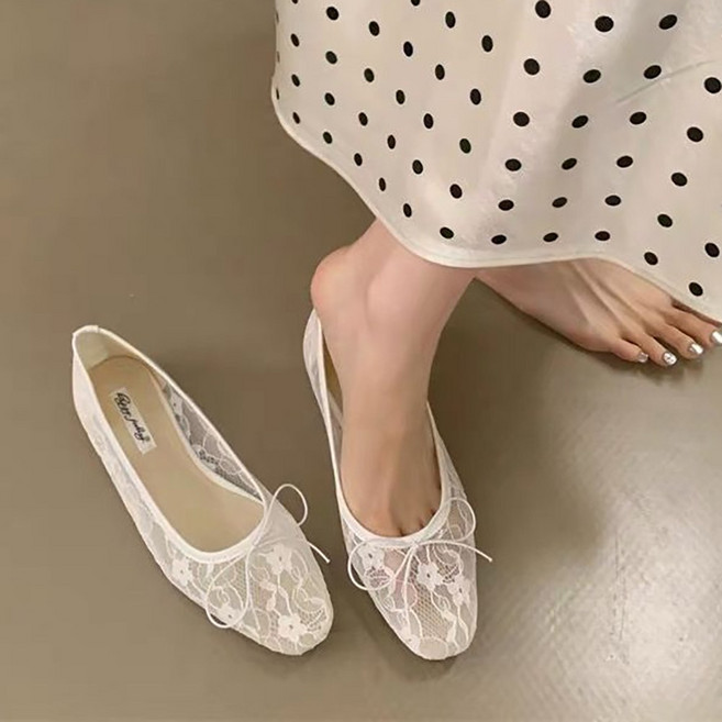 ROYALBELLE 여성 레이스 플랫슈즈 단화 리본 우아한 트렌디 단화 F01032426