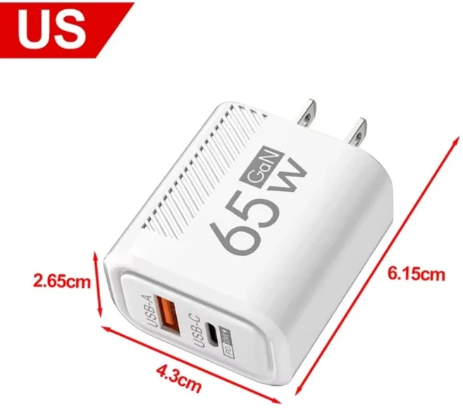 65W 2 USB 고속 충전기 PD 퀵 차저 3.0 EU 플러그 벽면 전원 어댑터 C GaN, 03 White US Charger