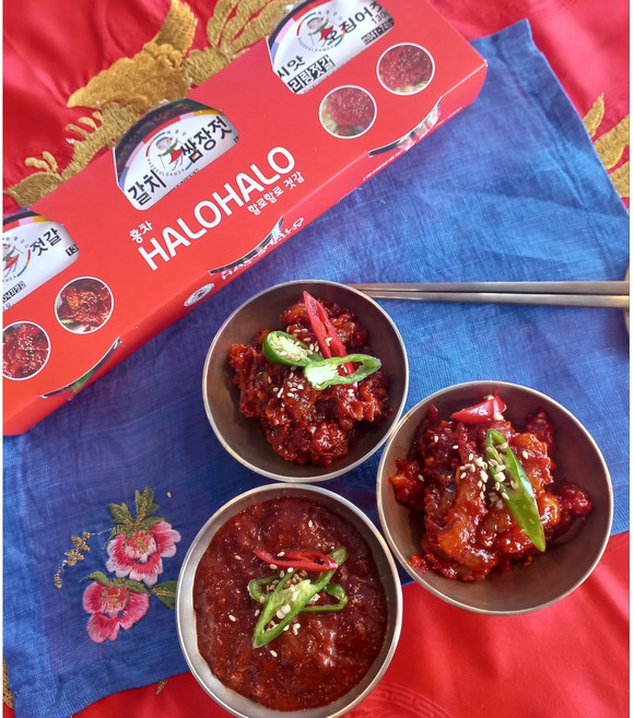 강경젓갈에는 왕실젓갈이 있습니다.- 왕실젓갈세트390g [낙지 갈치쌈장 씨앗오징어젓] 홍차할로할로젓갈 세트 - 3개입 390g ], 130g, 1개