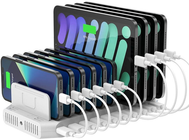 Unitek 멀티 충전 스테이션 SmartIC 기술 및 조절 가능한 칸막이가 있는 여러 장치용 10포트 USB 충전기 아이패드 태블릿 킨들 아이폰과 호환되는 오거나이저, Pack of 1, QC3.0*2, 화이트, 1개