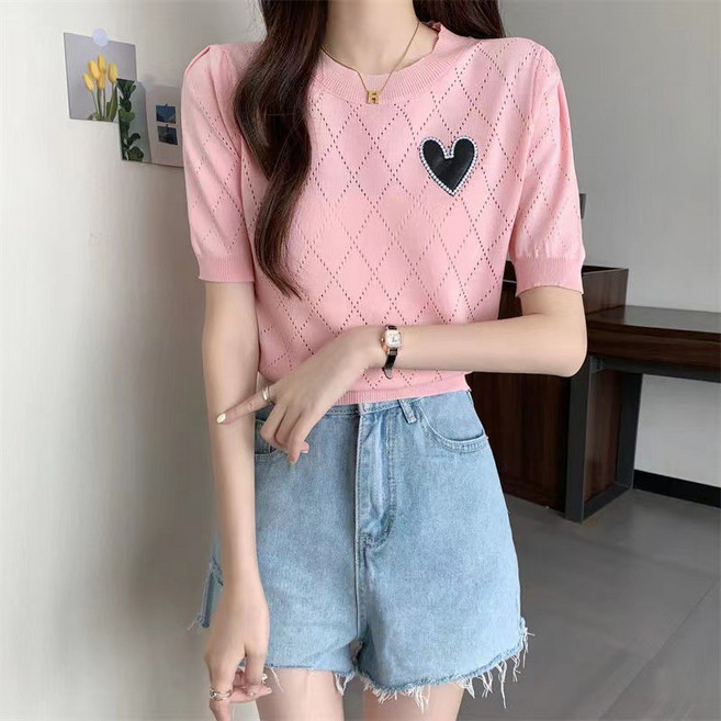 사랑 패턴 얇은 버블 슬리브 니트 셔츠 여성용 짧은 소매 여름 디자인 센스 마이너 할로우 섹시 탑 여성용 조수