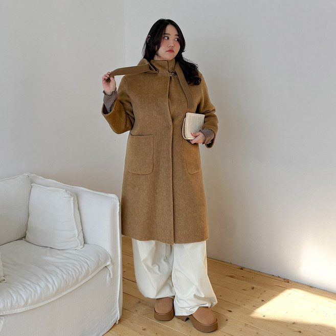 [빅사이즈 44-99] 니트 후드 탈부착 울 핸드메이드 코트 여성 빅사이즈 여자 플러스사이즈 어거스트플랜