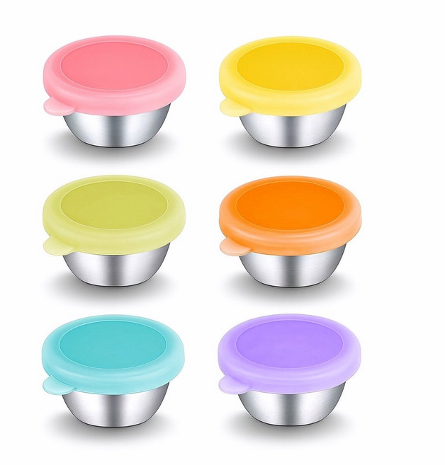 엘리펀트 실리콘뚜껑 스테인리스 소스컵 50ml 6P - 차분한 컬러 디핑컵 도시락 반찬용 미니 양념통, 6칼라 믹스, 6개