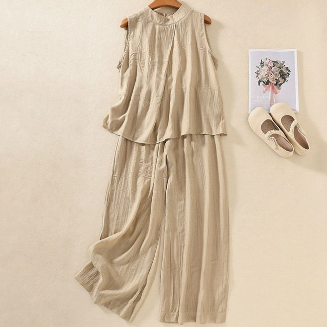 POMTOR 여성 여름 캐주얼 루즈핏 면 마 세트 민소매 상의 루즈핏 린넨 와이드 팬츠 투피스