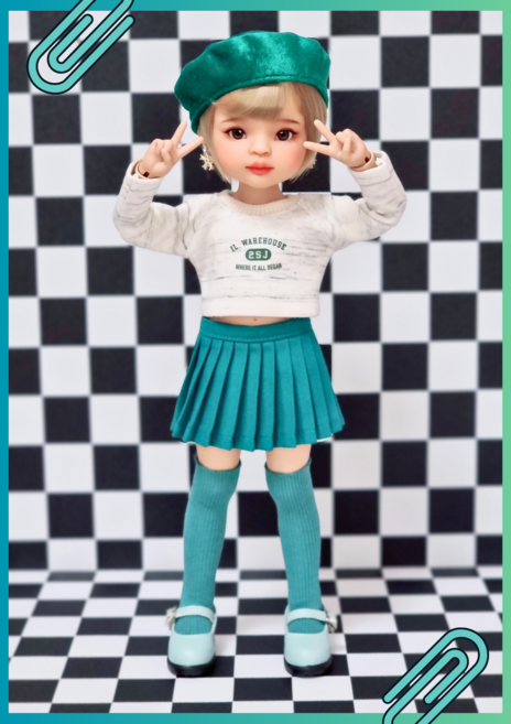 #파올라레이나 32cm 옷( 청록 캐쥬얼 3종세트 )[마구샵]#구체관절인형#bjd#인형옷#다락아이#관절바디#완제품, 베레모 추가안함, 1개