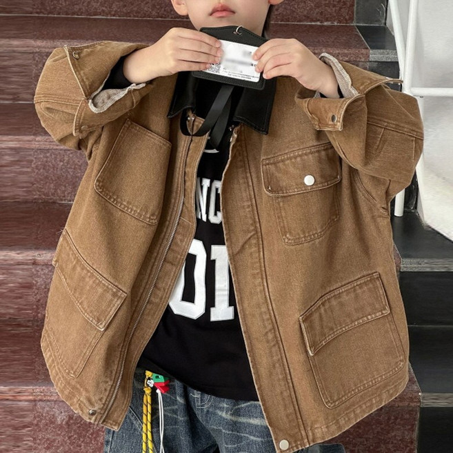 지디오 주니어 봄 데님 자켓 배색 레더 카라 레트로 포켓 아우터 초등 학생 공용 간절기 점퍼