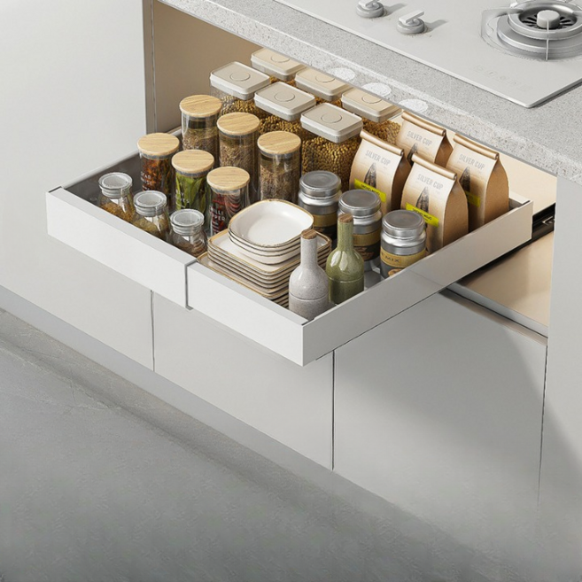 고급형 무타공 길이조절 슬라이딩선반 싱크대 정리 주방 선반 고정레일3개/선반들림방지 부품 포함/3가지 색상/4가지 사이즈, 1개, 화이트