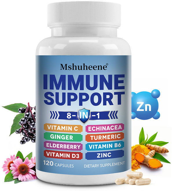 8 in 1 면역 지원 강화 보충제로 에키네시아 비타민C와 아연 50mg 비타민D 5000IU 강황가루와 생강뿌리 비타민B6 엘더베리 함유, 2개, 120회분