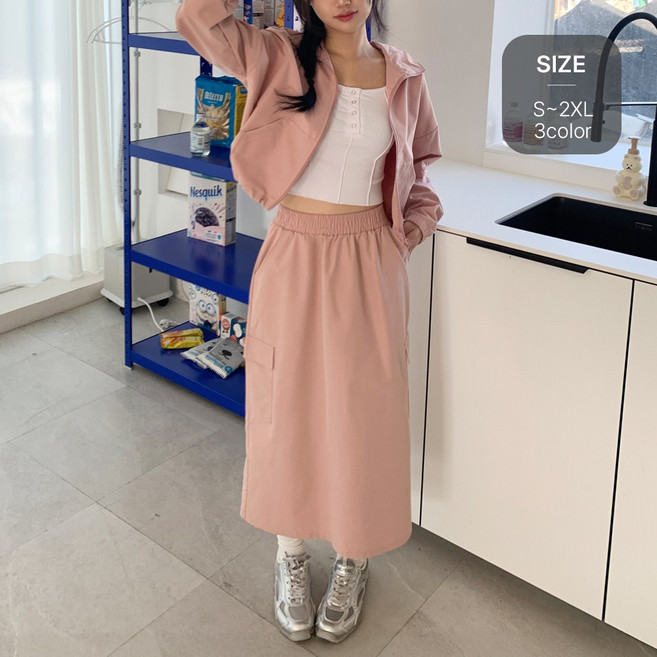 잇진 여성 데일리 바스락 바람막이 집업 + 카고 롱 스커트 트레이닝 세트