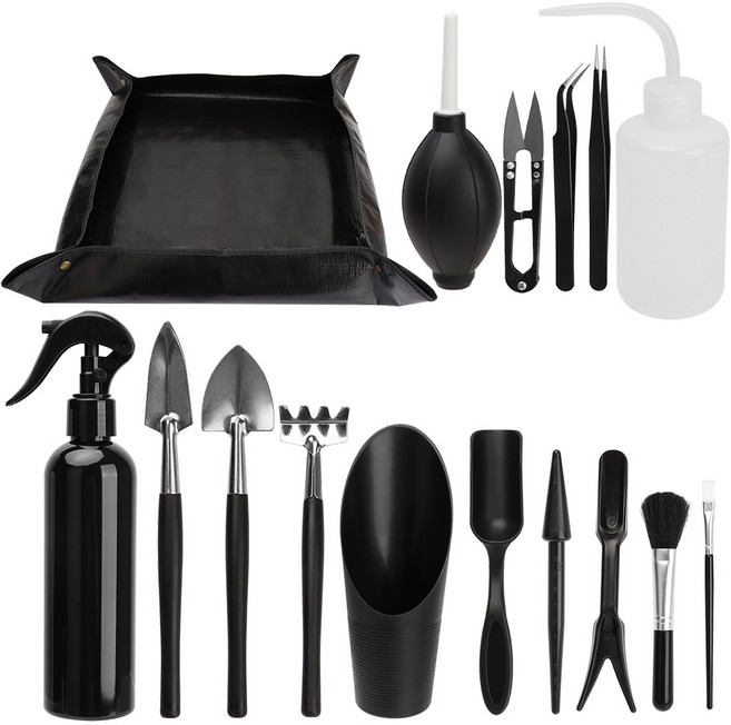 블랙 원예 16종 세트 다육이 공구 방수 다육이 분갈이 도구 매트 삽 써레 물뿌리개 세트 공구, 16개