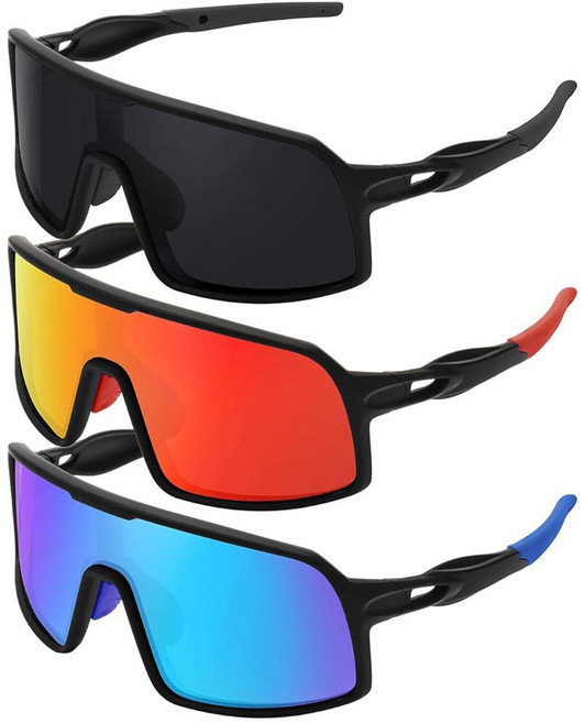 [4] SEKKAF 남성 및 여성용 편광 스포츠 선글라스 사이클링 안경 자외선 차단 고글 산악 자전거 달리기 낚시용, 3팩 블랙+레드+블루
