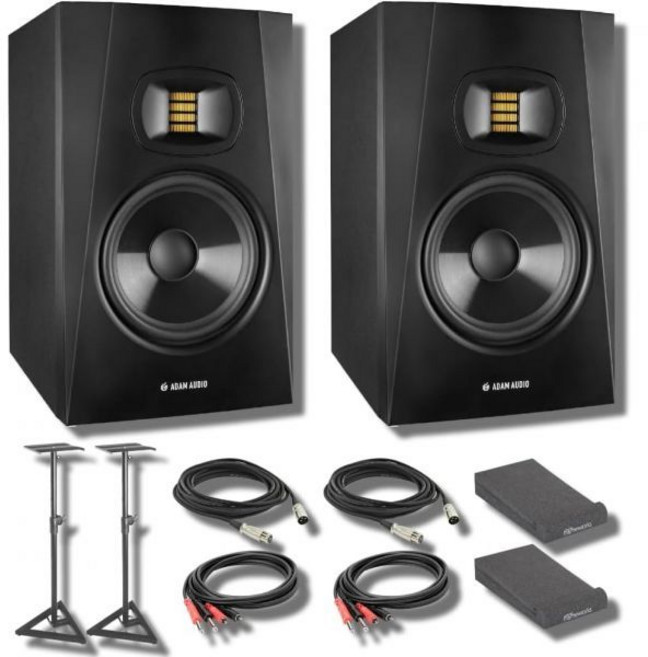 프레임웍스 스튜디오 모니터 격리 패드 온스테이지 SMS6000-P 스탠드 XLR 케이블 스테레오 인터커넥트 및 스트림아이 천이 포함된 아담 오디오 T5V 모니터페어, with Isolation Pads + Floor St, with Isolation Pads + Floor St