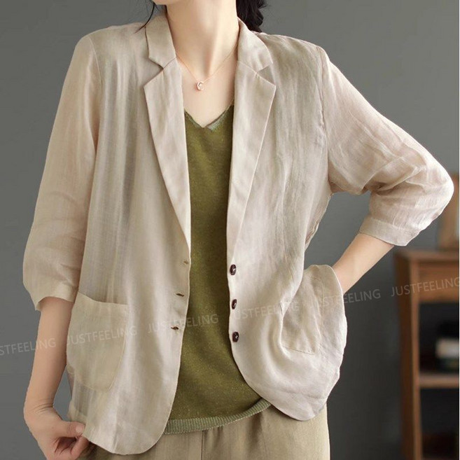JUSTFEELING 여름 7부소매 면마 정장자켓 자외선차단 얇은코트 루즈핏 패션 무지 배기핏 정장 코트 데일리 린넨 점퍼 가디건