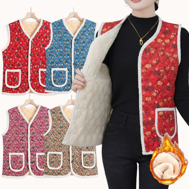 플로타임 프리미엄 꽃무늬조끼 퀼팅 할머니조끼 김장 양털조끼