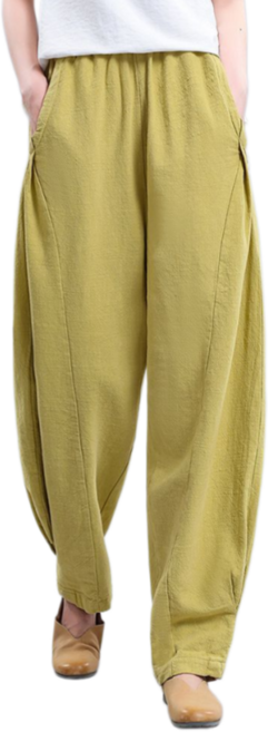 Makone 여성 밴딩 바지 린넨 빈티지 캐주얼 하이웨이스트 배기 팬츠 솔리드 심플 데일리룩