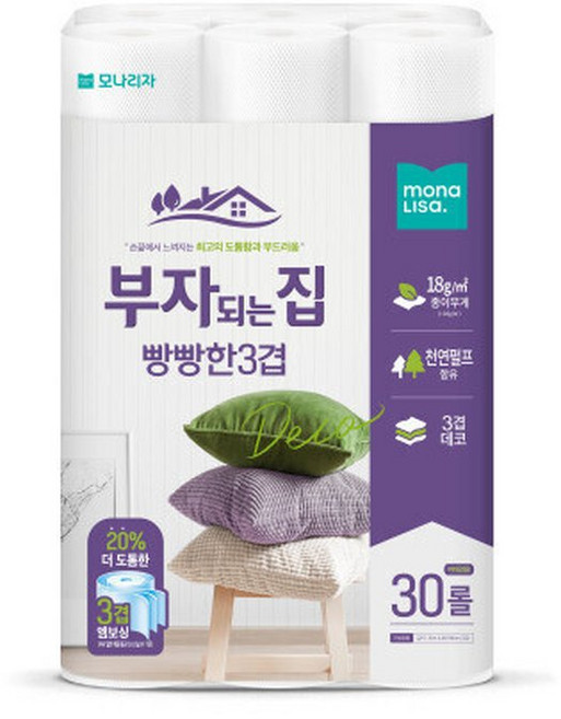 모나리자 부자되는집 빵빵한 3겹 화장지 30m 30롤 두꺼운3겹 천연펄프 무향 프리미엄, 1롤, 30개