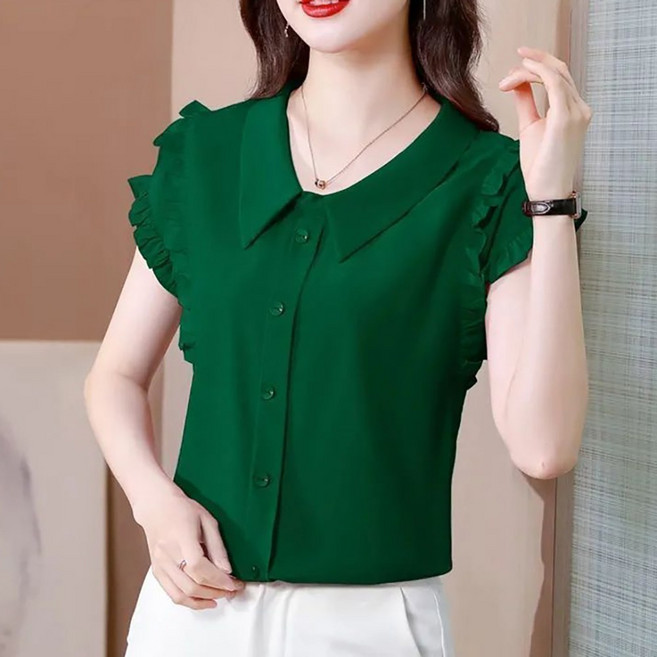 ROYALBELLE 여성 카라넥 버튼 프릴 반소매 얇은 루즈핏 캐주얼 쉬폰 블라우스 R0031004