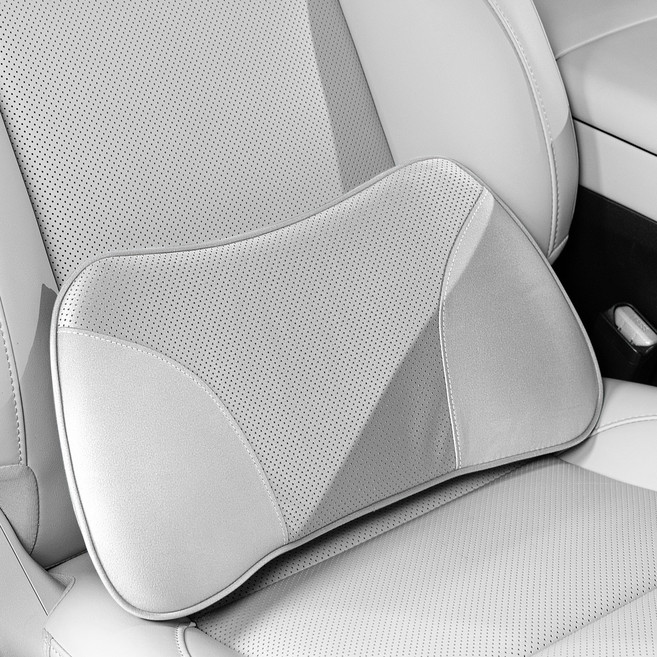 차량용 목쿠션 허리쿠션 프리미엄 스웨이드&가죽 혼용 원단 목 보호 쿠션 사계절 공용 통기성 타공 차량용 시트 등받이 쿠션, 1개, [크림 화이트] 허리쿠션