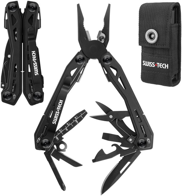 SWISS+TECH EDC 다기능 플라이어 아웃도어 멀티툴 16in1 서바이벌 툴 잠금 기능 커터 톱 병따개 수납가방 포함 야외 DIY 등반 캠핑용, 1개, 검은색