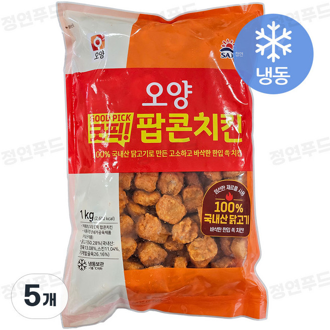 [정연푸드] 사조오양 굿픽 팝콘치킨 (냉동), 1kg, 5개