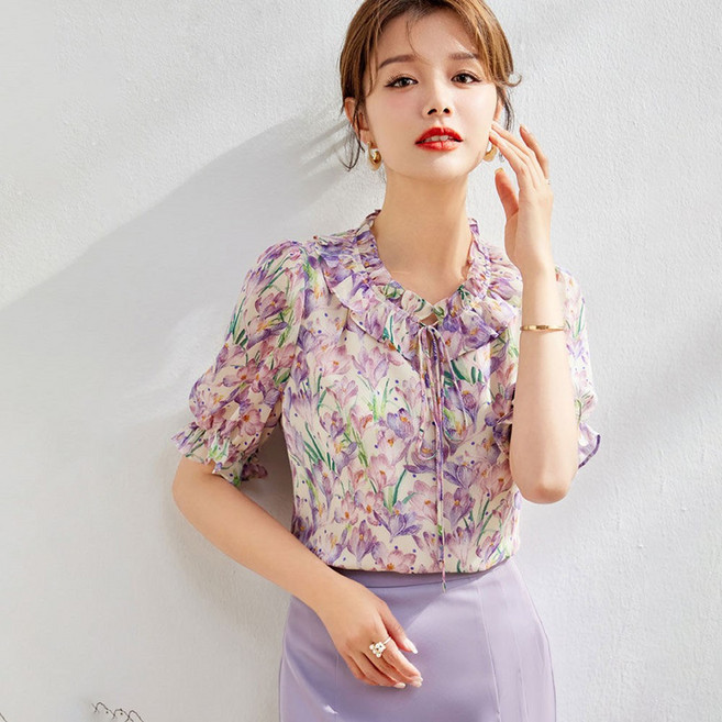 besteffie 여성 봄 여름 화사한 꽃무늬 쉬폰 블라우스 리본타이 프릴 반팔 셔츠 우아한 K97
