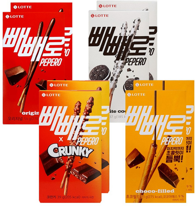 롯데웰푸드 빼빼로 4종 2개씩 (초코 오리지널54g+화이트쿠키37g+크런키39g+초코필드53g), 1개