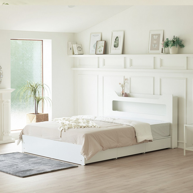 하포스 하모니 E0등급 3단 서랍형 LED 헤드수납 침대 프레임 + 매트리스 세트 지정일설치, 화이트