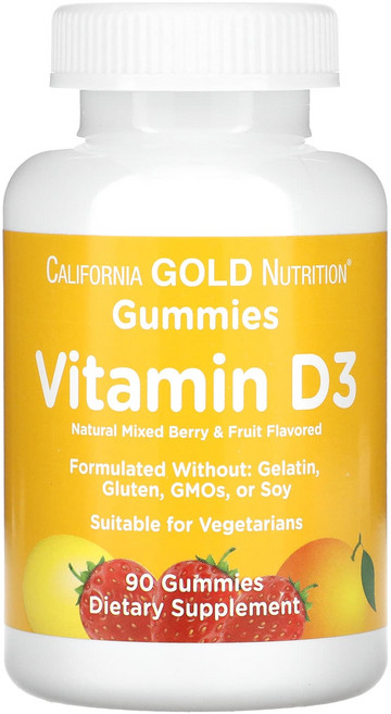 캘리포니아골드뉴트리션 비타민D3 구미젤리 젤라틴 무함유 글루텐 무함유 베리 혼합 앤드 과일 25mcg(1000IU) 구미젤리 90개, 90정, 1개